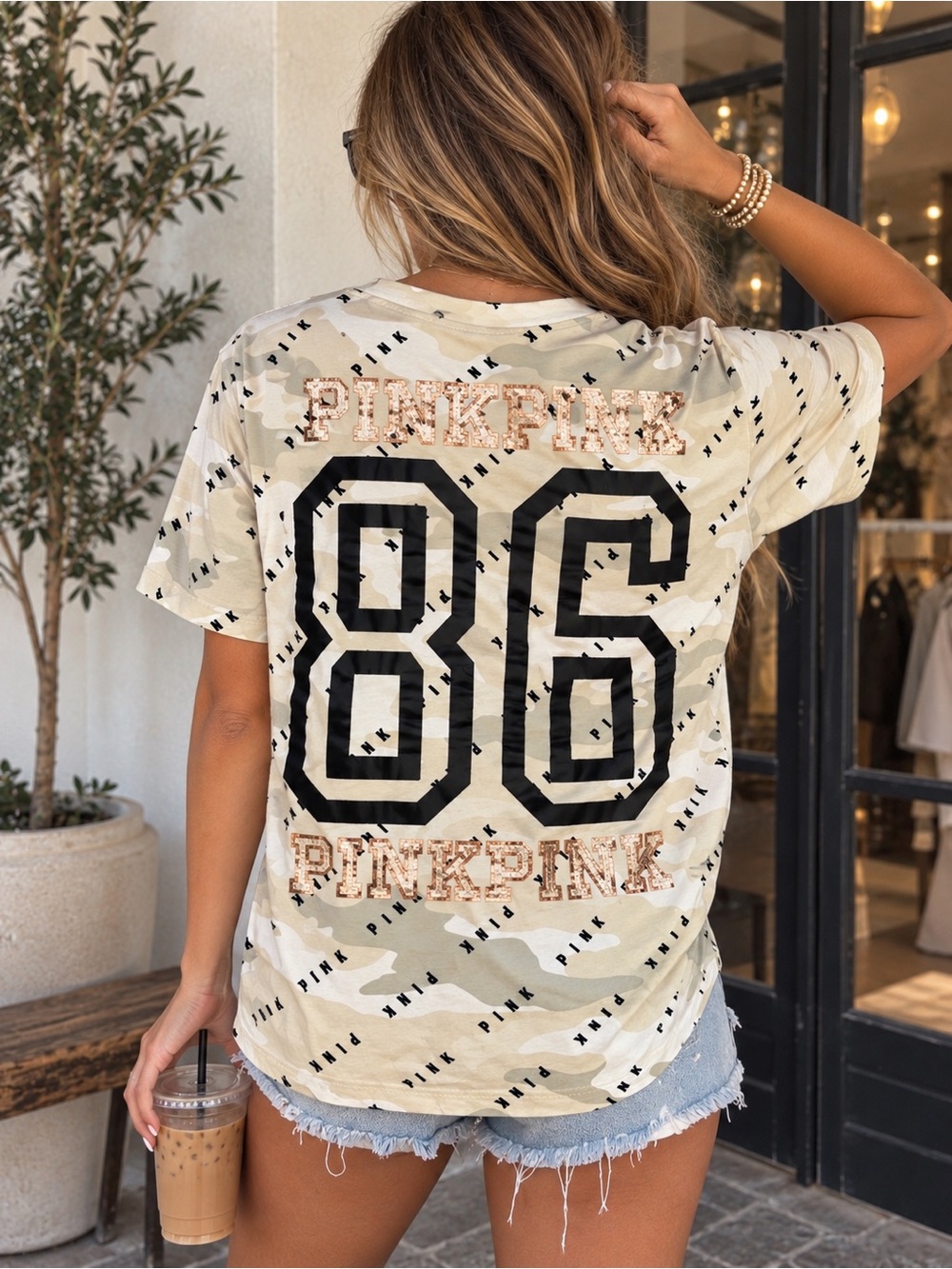 Victoria’s Secret PINK Camo 86 Varsity Rose Gold Campus Graphic Pocket Tee